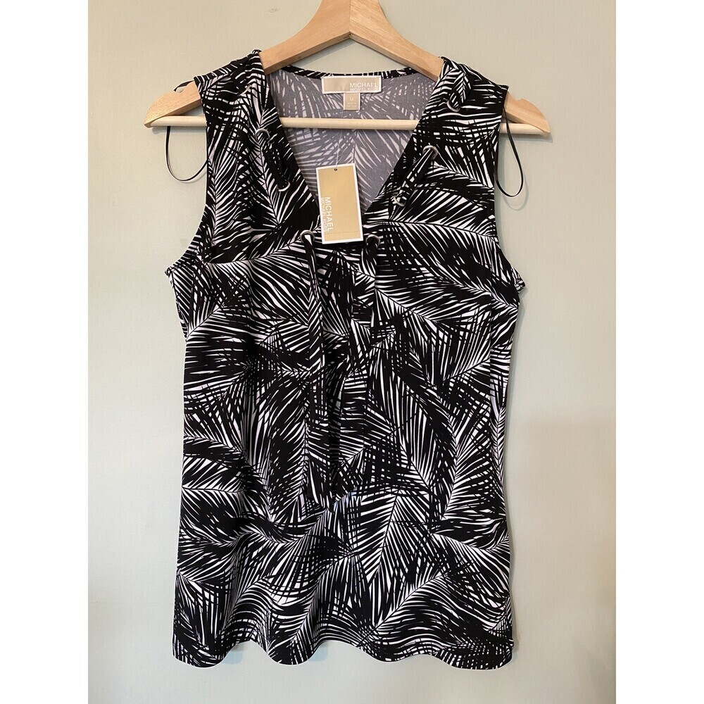 Michael Kors Women Sleeveless Top Black White Leaf Print Size M $140